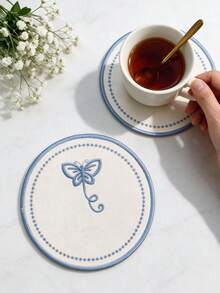 4pcs Blue Round Butterfly Polyester Embroidered Drink Coasters, Washable Table Decor, Non-Slip Table Mat, Waterproof And Oil-Resistant, Suitable For Restaurant, Cafe, Homestay, Afternoon Tea, Holiday, Party, Gathering, Birthday, Wedding, Dinner - Multicolor - View 8