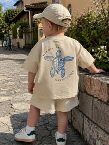 Young Boy 1pc Turtle Print Pullover Short Sleeve T-Shirt, Student Youth Kids' Summer Top - Apricot - View 1