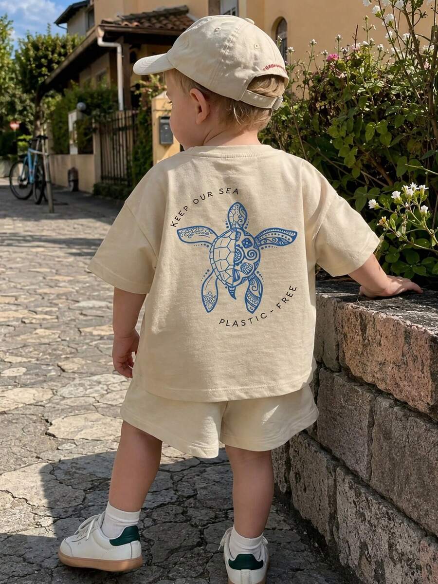 Young Boy 1pc Turtle Print Pullover Short Sleeve T-Shirt, Student Youth Kids' Summer Top - Apricot - View 1