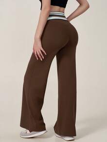 TimeOff 1pc Women's Fixed Waist Striped Wide Leg Sports Pants - Brown - View 7