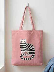1Pc Cartoon Pandas And Cat Print Corduroy, Large‑Capacity Reusable Open‑Top Tote Shoulder Handbag For School Sports Daily Shopping For Girls Or Gifts - Multicolor - View 11