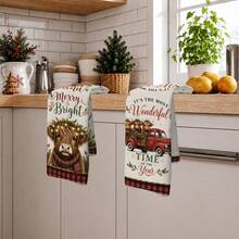 2PCS Christmas Highland Cow & Truck Pattern Printed 40*60cm Country Vintage Style Rectangular Microfiber Soft Kitchen Towels, Dish Cloths, Tablecloths, Hand Towels, Christmas Home Decor, Bathroom & Kitchen Decor, Neighbor Housewarming Gift, Perfect For Kitchen & Bathroom Use, Suitable For Housewives And Family Gatherings, High Value, Household Essential - Multicolor - View 10