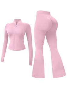 NcmRyu One Set Women's Seamless Ribbed Zipper Mock Neck Long Sleeve Flare Leggings Sports Set - Pink - View 5