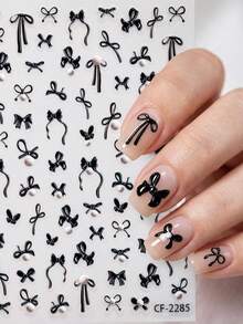 1PC Solid Black Long Tail Ribbon Bow Flat Nail Stickers, Simple Mixed Size Streamer Bow Pattern Waterproof Self-Adhesive Nail Decal Stickers For Valentine Party Nail Making - Multicolor - View 2