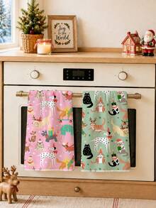 2 buah Handuk Dapur Motif Ilustrasi Pohon Natal Kartun Hewan Warna Pink & Hijau, Kain Lap Piring Poliester Lembut, Cocok untuk Dekorasi Dapur, Pembersihan Dapur, Dekorasi Pesta Liburan, Perlengkapan Dapur & Kamar Mandi, Kebutuhan Rumah Tangga, Dekorasi Rumah, Hadiah Pesta Peresmian Rumah - MultiWarna - View 7