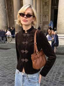 Women Fall/Winter Retro Maillard-Style New Chinese-Style Button-Front Stand-Up Collar Velvet Short Jacket,Elegant Daily Party Long Sleeve Cardigan Top - Brown - View 1