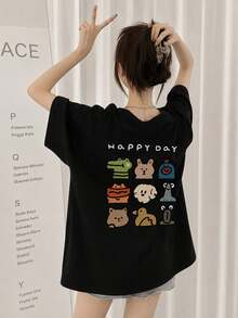 Women's Loose Fit Round Neck Short Sleeve Letter & Cartoon Print T-Shirt, Spring/Summer Casual Black - Black - View 3