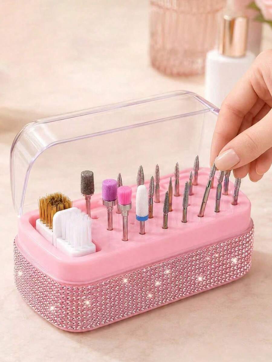 Rhinestone Decorated Multifunctional Nail Drill Bit Storage Box With Brush, 30-Slot Nail Drill Bit Organizer And Display - Multicolor - View 1