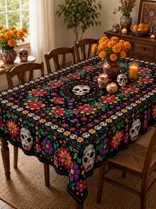 1PC Day Of The Dead Round Table Cloth, Colorful Sugar Skull Floral Print Polyester Tablecloth, Mexican Style Dining Table Cover For Kitchen, Dining Room, Day Of The Dead Party, Halloween, Holiday Gathering And Indoor Outdoor Home Decor - Multicolor - View 3
