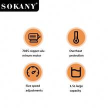 SOKANY 03031 Pengolah Makanan Multifungsi dan Blender, Daya Tinggi 800W/Kapasitas Besar 1,5L/Kontrol 5 Kecepatan, Pengoperasian Sekali Sentuh, Cocok untuk Membuat Jus/Menggiling/Mencincang Daging dan Makanan Lainnya - Perak - View 2