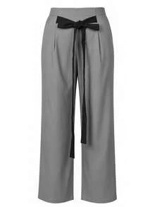 Women's Plus Size Elegant High Waist Wide Leg Pants With Belt, Fashionable Office Loose Long Trousers - Grey - View 3