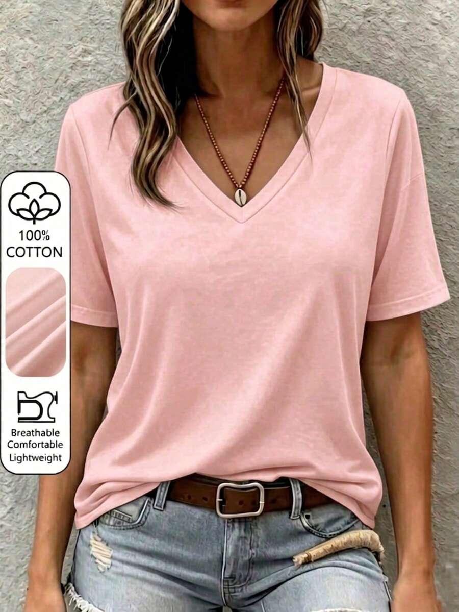 純棉布料 100% 棉 女款 T 恤上衣 粉色短袖 V 領 春夏休閒款