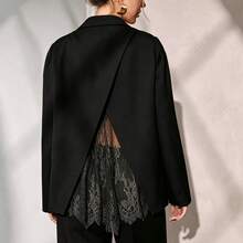 Women's Niche Sophisticated Style Back Slit Lace Patchwork Blazer Luxury High-End Loose Commute Suit Jacket Spring Autumn - Black - View 4
