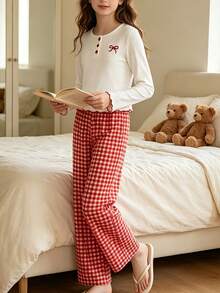 Spring And Autumn Girls' Sweet White Pit Bar Bow Printed Long Sleeve+Red And White Grid Straight Leg Pants Sleepwear Two Pieces Set,Girls' Home Clothes - Red - View 2