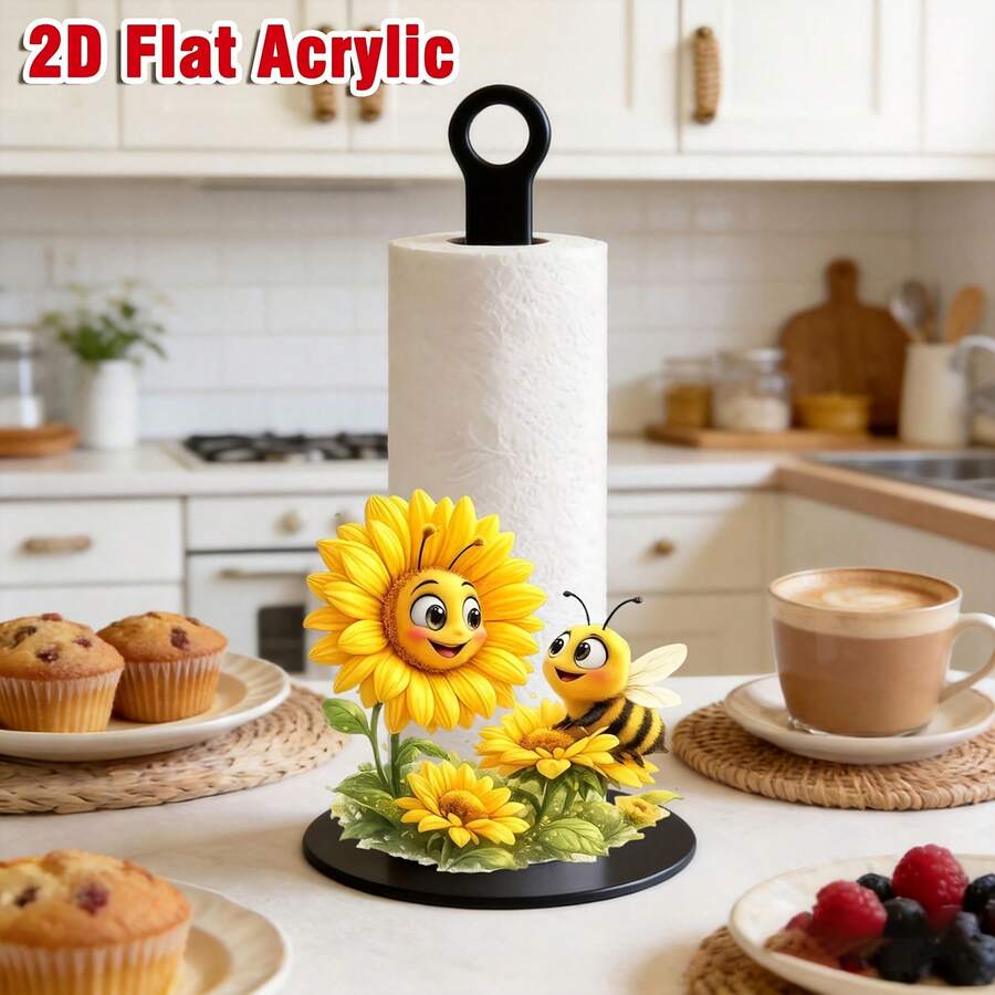 1 buah Tempat Tisu Toilet Dekoratif Motif Bunga Matahari dan Lebah Kecil (2D Datar), Tempat Tisu Dapur Vertikal Akrilik dengan Pola Cetak 2D, Tempat Tisu Dapur, Dekorasi Rumah - MultiWarna - View 1