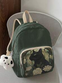 1 Piece Backpack, Women's Mini Backpack, Corduroy Girl's School Bag, Travel Storage Bag, Kitten‑Printed Design, Large‑Capacity Foldable Easy‑To‑Store Bag, Lightweight And Pressure‑Relieving, Multi‑Pocket Layered Design With Zipper Closure - Flower Kitten 21009 - View 2