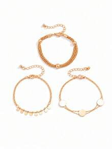 3 PiecesGold Round Pendant Bracelet Set With Sequin Tassel Decoration, Metal Disc Bracelet, Minimalist Style, Adjustable Size, Suitable For Daily Wear, Commuting And As A Versatile Gift For Girlfriend, Family, Friends - Bracelet - View 2