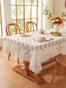 1PC White Floral Lace Tablecloth, Hollow Out Tulle Daisy Embroidered Table Cover, Vintage Bohemian Style Decorative Beautiful Tablecloth, Suitable For Dining Room, Party, Wedding And Home Decor - White - View 5