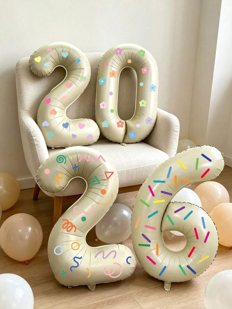 Creative Birthday Number Balloons, 2 Large 40-Inch Cream Color 0-9 Number Foil Balloons, With Colorful Heart, Confetti, Geometric Shape, Flower Stickers, Suitable For Birthday Creative Party, Anniversary Celebration, Baby Shower Decoration - 40inch - View 1