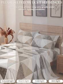4-Piece Camel Geometric Triangle Pattern Bedding Set, Easy Care Soft Bedding, Floral Fitted Sheet Set (1 Flat Sheet + 1 Fitted Sheet + 2 Pillowcases), Deep Pocket Fits Up To 11.8 Inches, Soft And Breathable, Back To School Dorm Bedding Set - Multicolor - View 6