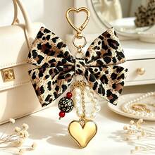 Y2K Leopard Print Bow Bag Charm, Pearl Tassel Heart‑Shaped Keychain Pendant, Gold Heart Hook Backpack Handbag Hanging Ornament For Girl Gift - Bow Knot Pearl Heart Bag Charm - View 6