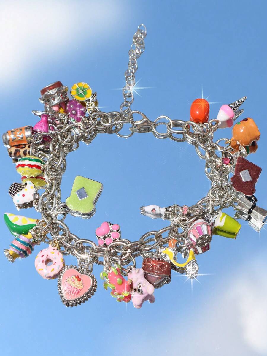 1pc Cute Fruit Cake Charm Bracelet, Chocolate Toast Donut Bracelet, Coffee Bean Fun Bracelet