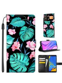 Floral & Leaf Pattern Wallet Phone Case, Artificial PU Leather Card Holder Phone Shell, Couple & Friend Gift, With Lanyard - Multicolor - View 2