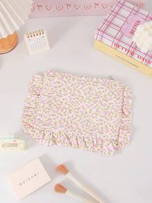 Cute Floral Print Makeup Bag With Pleated Edge Design,Large Capacity Handbag,Portable Zipper Storage Bag,Travel Storage Bag,Coin Wallet,Toiletries Bag - Multicolor - View 12