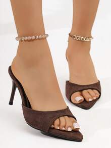 Women's Pointed Toe Mule Sandals, Brown Slip-On Open Toe Kitten Heel Shoes, Suitable For Formal And Casual Wear, Summer High Heel Shoes - Coffee Brown - View 7
