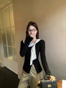 Women's Black Polka Dot Ruffle Collar Long Sleeve T-Shirt, Autumn High-End Slim Fit Split Hem Flattering Versatile Top - Black - View 3