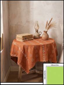 1pc Orange-Red Background White Flower Geometric Embroidered Tablecloth, Vintage Pastoral Style Fabric Material, Round Floral Vine Embroidery Detail Decoration, Home Use Round Tablecloth Suitable For Daily Home And Vintage Dining Table Arrangement - Orange - View 16