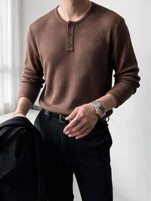 Men's Hollow Out Loose Drop Shoulder Henley Collar Long Sleeve Polo Shirt - Brown - View 3