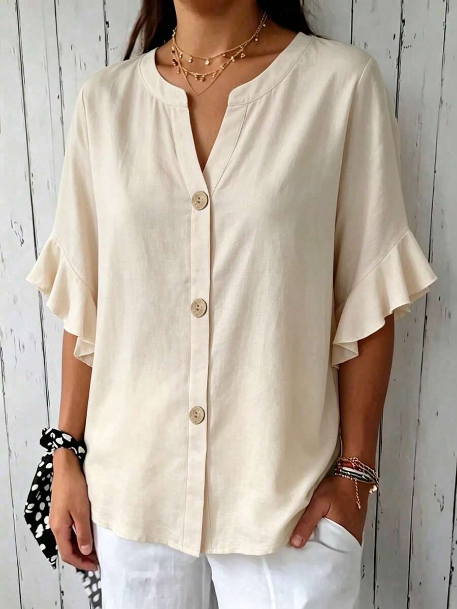 Women's Plus Size Ruffle Sleeve Blouse, Non-Stretch Fabric, Button Front Design, Regular Length Top - Apricot - View 1