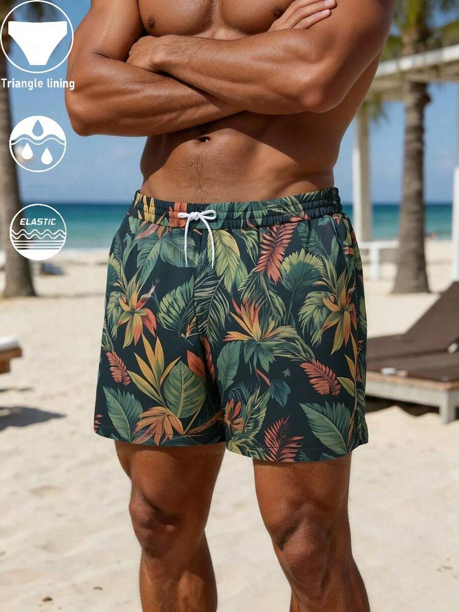 Men's Summer Surfboard Shorts, Palm Tree Print, Adjustable Waist Swim Trunks