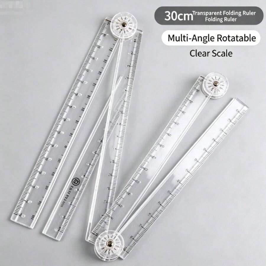 Transparent Acrylic Folding Ruler, 30cm Full Length, 15cm Folded, With Scale Markings And Dot Decoration, Top Round Clip Fixation, Portable Stationery For Student Math Drawing, Geometry Measurement, Planner Line Drawing, Office Supplies, Back To School