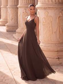 EVERPRETTY Women's Brown Elegant Wedding Guest Long Dress, Pleated V-Neck Spaghetti Strap High Waist Flowy Bridesmaid Dress Fall - Chocolate Brown - View 4