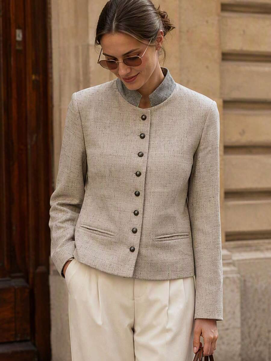 TF.MLN Women's New Spring/Autumn Khaki Long Sleeve Pleated Decor Minimalist Blazer Jacket, Casual Fashion Versatile - Light Khaki - View 1
