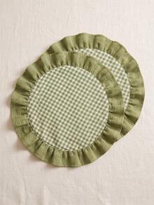 1/2/4/6/12pcs Green & White Small Checkered Pink Ruffle Edge Placemats, Cute Pastoral Style Fabric Material, Round Shape With Ruffle Edge Patchwork Details, Stain-Resistant Tabletop Protection And Decorative Function, Suitable For Daily Breakfast And Cozy Home Decor Scenes - Green - View 8