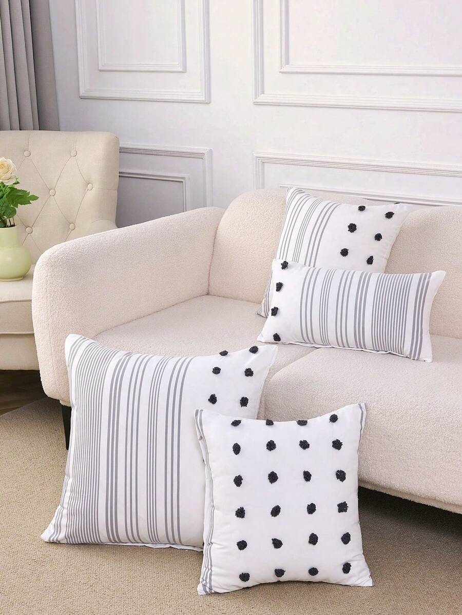 1pc Pink Tufted Geometric Decorative Pillow Case, No Filling, Modern Style Home Sofa Living Room Decor Bedding Sofa Pillow Case [Pillow Insert Not Included] - Black and White - View 1