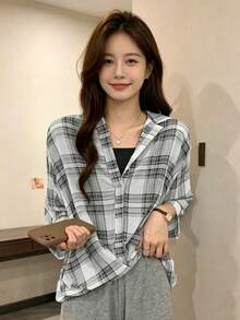 2pcs/Set Women's Spring/Summer New Short Shirt & Camisole Top, Loose Sun Protection Blouse, Plaid Thin Semi-Sheer Chiffon White - White - View 4