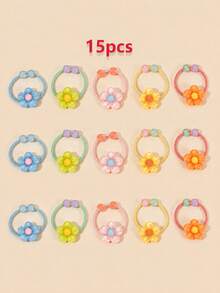 15pcs Girls Colorful Hair Ties, Cute Bow Flower Heart Ponytail Hairbands, Children Hair Accessories, Suitable For Daily Styling And Back To School Season - Multicolor - View 6