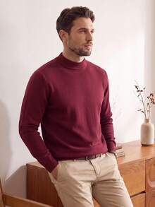 Men's Stand Collar Long Sleeve Solid Color Minimalist Casual Knitted Sweater, Lightweight For Autumn/Winter - Burgundy - View 2