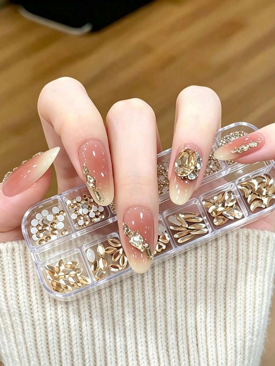 1 Set Approx. 12-Compartment Champagne Gold Irregular Nail Rhinestone Kit, Mixed Size Round Oval Heart Crescent Square Flat-Back Rhinestones With Dotting Tool, Warm Tone Sparkling Decorative Accessories, Versatile Nail Decoration, Press-On Nail DIY Materials, Atmospheric Gentle Luxury Nail Art Accessories, Salon-Style Exquisite Design - Champagne - View 1