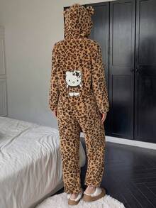SANRIO Personalized Leopard Print Hooded One-Piece Loungewear, Plus Size Loose Fit Friendly To All Body Types, Soft Plush Fabric Comfortable And Unrestricted, Zipper Closure Design Easy To Put On And Take Off. 3D Small Ears On Hood Add Playful Touch, Cute Hello Kitty Patch Decoration On Back, Suitable For Daily Home Wear And Relaxing At Home, Full Of Atmosphere - Multicolor - View 4