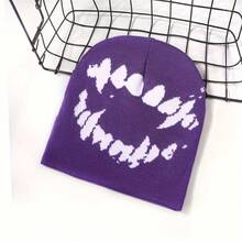European And American Quirky Gothic Style Jacquard Knit Beanie, New Autumn/Winter Personalized Street Fashion Cold Weather Hat - Purple - View 9