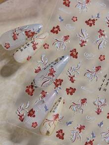 5D日式鯉魚美甲貼紙，紅金魚與梅花美甲貼花附書法裝飾，自黏式傳統藝術美甲用品，美甲師與DIY秋季美甲必備，1片 - 紅色 - 查看 2