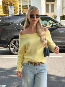 Women's Yellow Ribbed Knit Cold Shoulder Long Sleeve Sweater, Autumn/Winter Top - Yellow - View 6