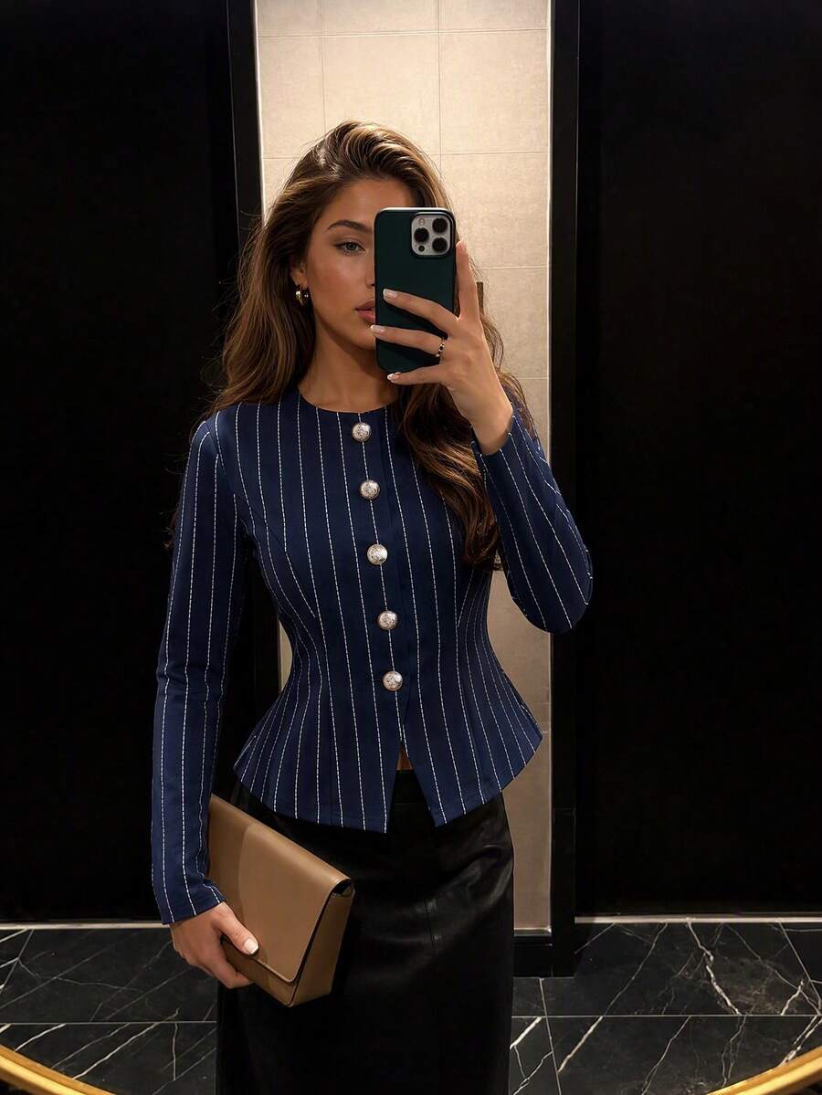 Women's Vintage Striped Front Button Crew Neck Long Sleeve Woven Blazer Jacket, Regular Length With Pockets, Slightly Stretchy, Suitable For Autumn/Winter Style - Royal Blue - View 1