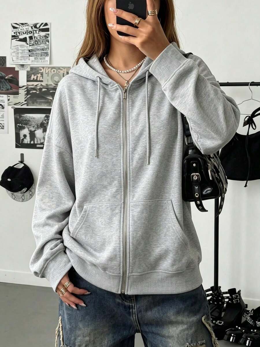 Women's Loose Full Zip Knit Hoodie With Drawstring, Warm Lining Long Sleeve Mid-Length Streetwear Jacket, Suitable For Winter Wear - Light Grey - View 1