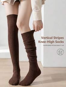 1 Pair Women's Brown Vertical Striped Over-The-Knee Socks, Soft Knitted Slouchy Long Tube Socks, JK Campus Commute Daily Wear - Brown - View 3